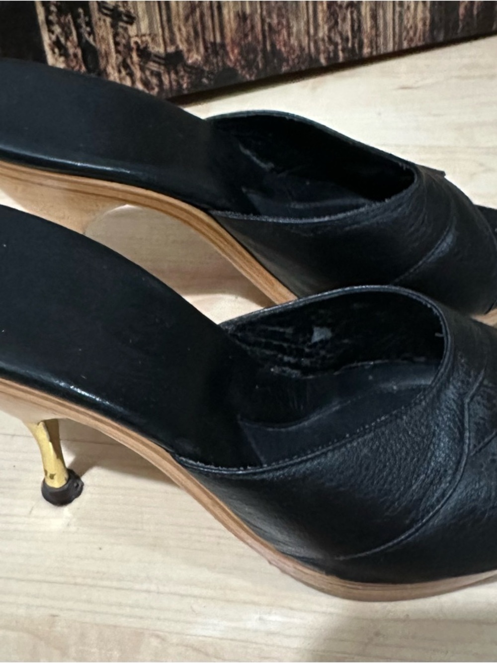 Re-Mix Hollywood Stilettos Black Leather Open-Toe Mule Heels - Picture 5 of 5
